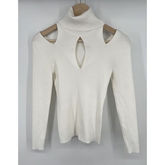 A.L.C. Womens Ribbed Cut Out Turtleneck Knit Sweater Blouse Off White Size Small - Picture 1 of 4